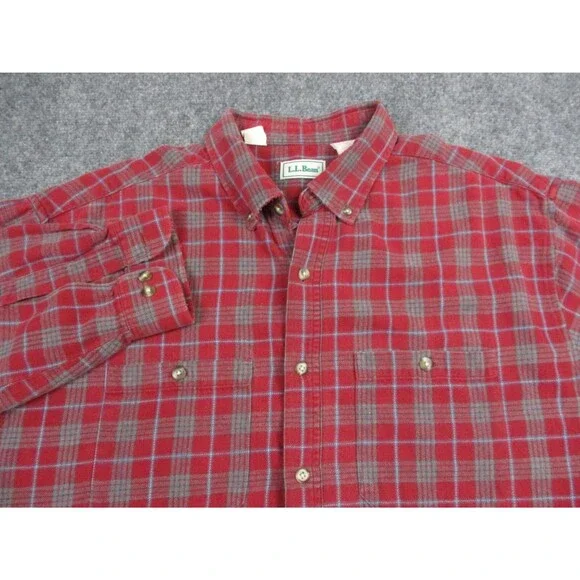 LL Bean Shirt Mens Extra Large XL Red Blue Flannel Plaid Casual Button Up - Picture 3 of 9